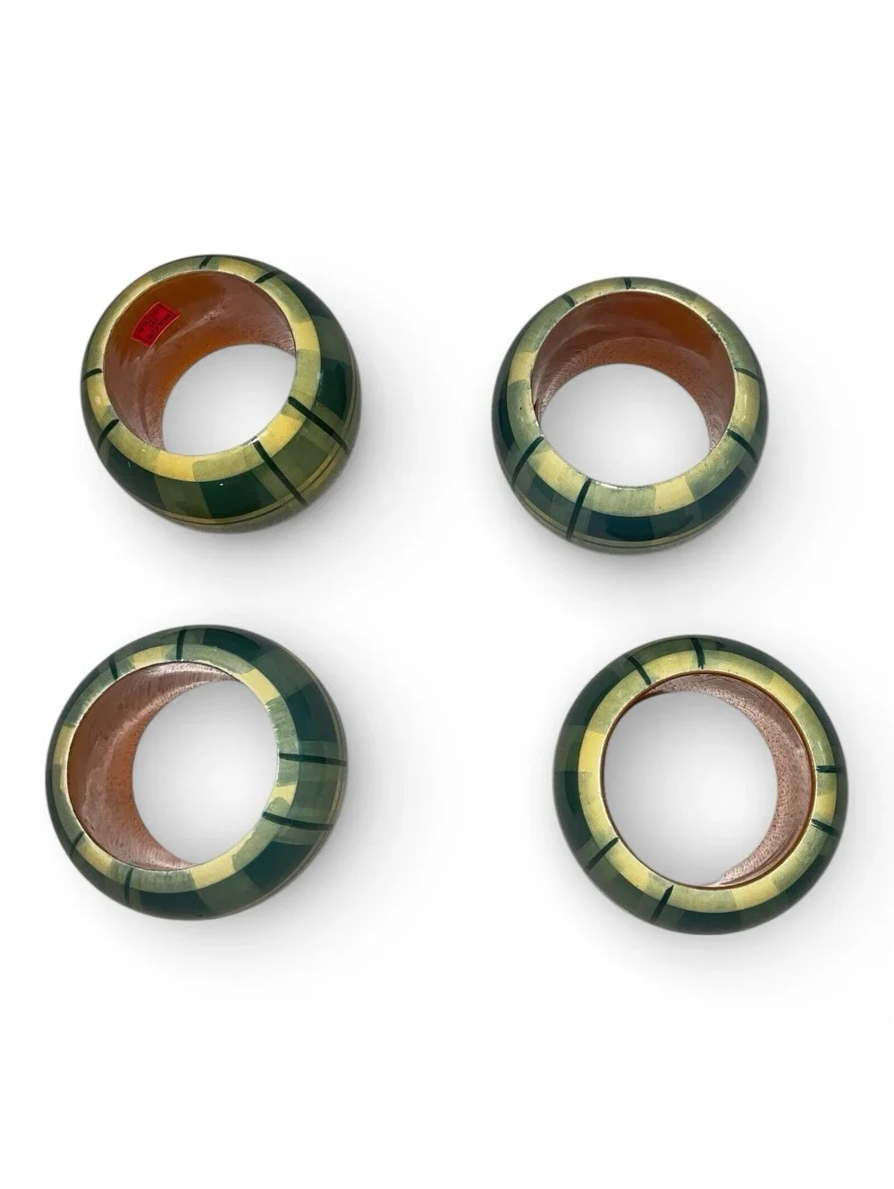 Set of 4 Solid Wood Plaid Napkin Rings Green Yellow Easter Spring Table Decor